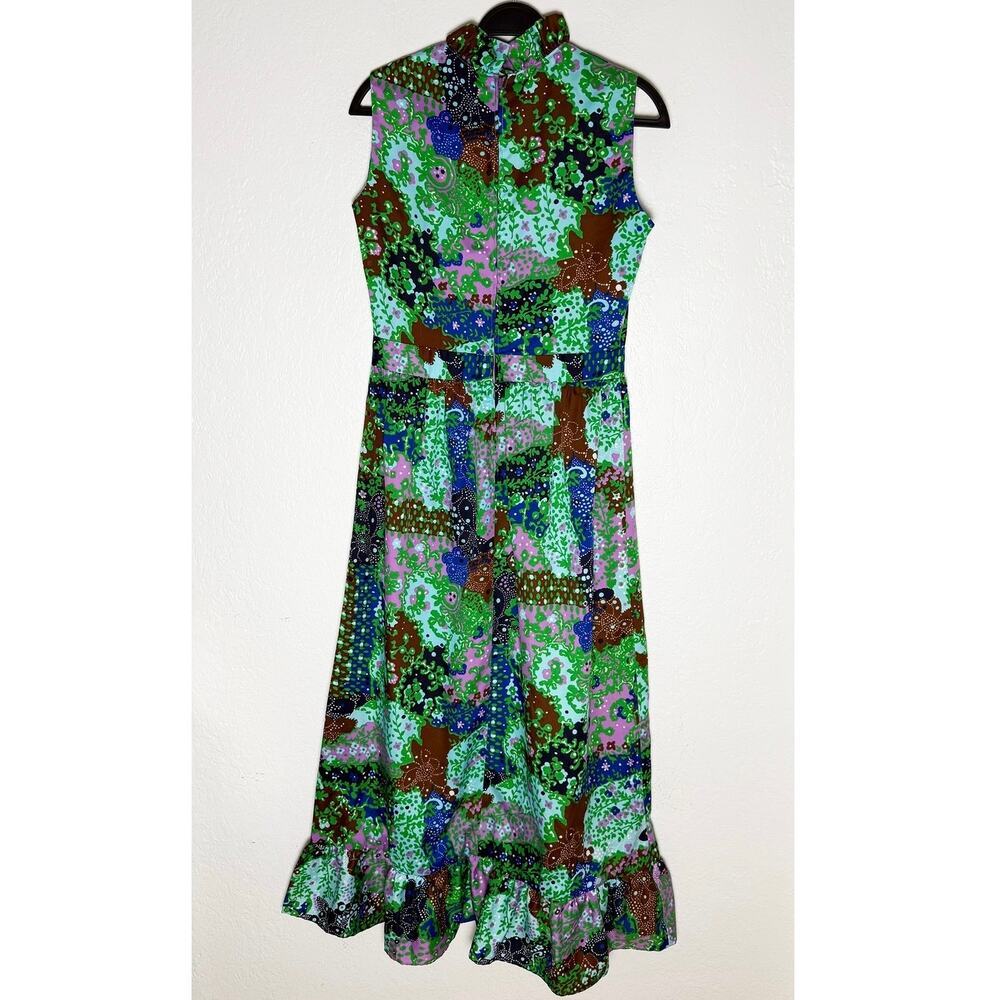 Vintage Andrea Gayle Women's Sleeveless Maxi Dress Ruffle Trim Green Blue Floral - Picture 3 of 9